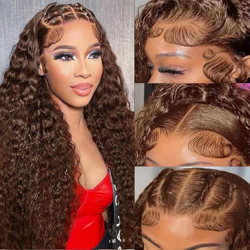 Chocolate Brown Lace Front Wig Human Hair 180 Density 28 Inch 13x4 HD Deep Wave Lace Front Wigs Human Hair Colored Deep Curly Lace Frontal Wigs Glueless Wig for Women Pre Plucked with Natural Hairline