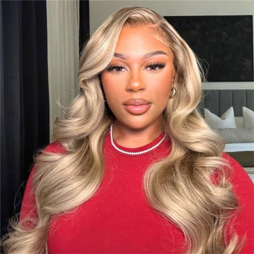 Ash Blonde with Silver Gray Highlight Lace Front Wig Human Hair 180% Density 13x4 Body Wave Mini Knots HD Invisible Lace Wig for Women Glueless Milk Tea Brown Colored with Silver Blonde Wigs 26 Inch