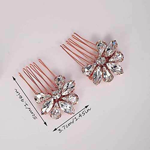 Teyglen Simple Rhinestones Crystal Bride Wedding Hair Comb Set Handmade Red Blue Black Crystal Side Hair Combs Bridal Hair Jewelry Set for Women Bride Girls (Dark Blue)
