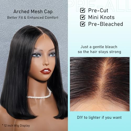 12" Glueless Long Bob Wig Human Hair, Upgraded 5x5 HD Lace Closure Wig 100% Raw Human Hair, No Chemical Process Odor-Free, Pre Plucked Pre Cut Wear n' Go Wig Pre Bleached Knots Natural Black