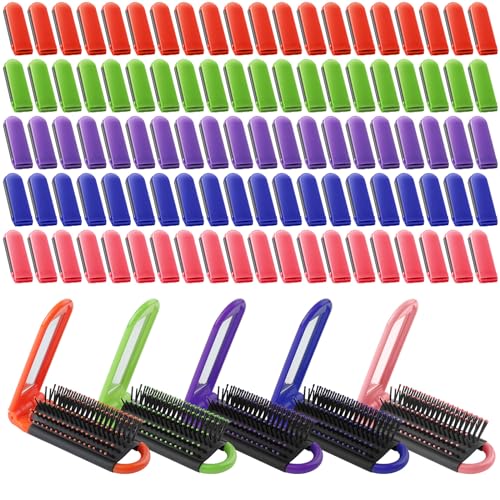 Barydat 200 Pcs Folding Hair Brush with Mirror Bulk Portable Small Hair Brush Mini Compact Colourful Pocket Massage Combs Travel Toiletry Bag Makeup Purse for Women Girls Kids