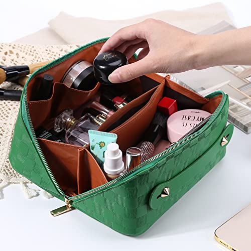 Cessfle Large Capacity Travel Cosmetic Bag Plaid Checkered Makeup Bag Portable Leather Waterproof Skincare Bag with Handle and Divider for Women 01-Green
