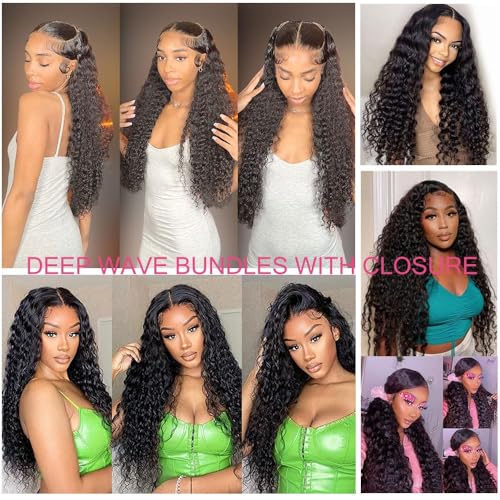 Deep Wave Bundles with Closure Human Hair 18 20 22 24 inch Human Hair Bundles with Closure 16 inch 5x5 HD Lace Free Part 100% Unprocessed Virgin Hair Natural Color Soft