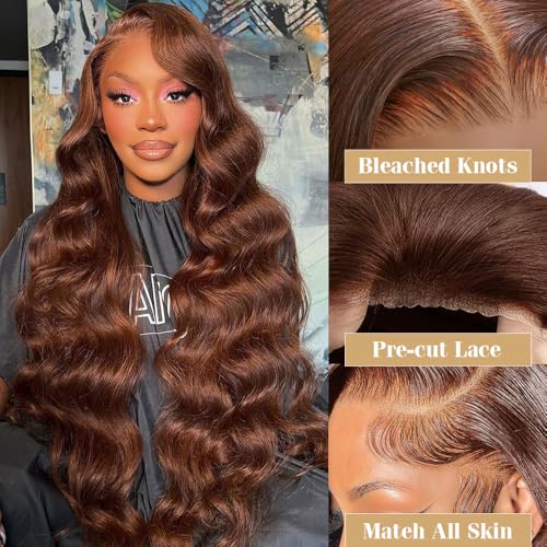 32 Inch Chocolate Brown Body Wave Glueless Wig Human Hair Pre Plucked Pre Cut Glueless Lace Front Wig Ready to Wear 6x4 Body Wave 180% Density Closure Wig Natural Hairline #4 Colored Wig