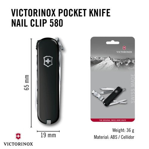 Victorinox Nail Clip 580, 8 Functions, Swiss Made Multi-Tool with Nail File, Nail Cleaner and Small Blade - Black