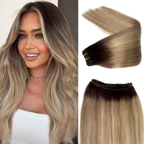 Sew in Hair Extensions Real Human Hair Balayage Brown and Blonde Hair Wefts 120G 22 Inch Thick Hair Bundles Ombre Brown to Ash Brown and Light Blonde Sew in Extensions Human Hair Weave