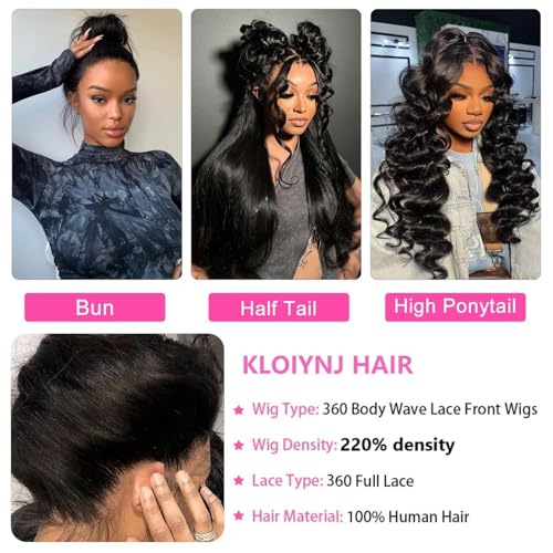 360 Lace Front Wigs - 220% Density Body Wave HD Lace Front Wigs - Brazilian Virgin 16 Inch - Full Lace Wigs Pre Plucked with Baby Hair - Natural Color