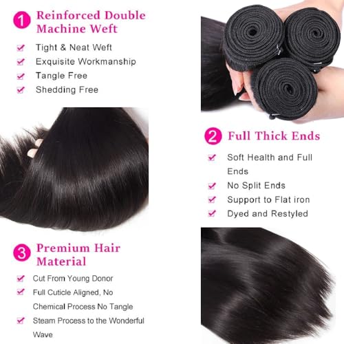 12A Straight Bundles with Closure Human Hair 20 22 24+18 Inch 100% Unprocessed Virgin Brazilian Straight Human Hair Weave 3 Bundles Deals with 4x4 HD Lace Closure
