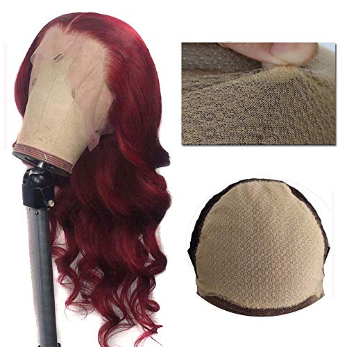 Wig Burgundy 99J Invisible Fake Scalp Cap Lace Front Human Hair Wigs Brazilian Remy Hair Natural Hairline 13x4 Deep Part Body Wave Bleached knots 14 Inch
