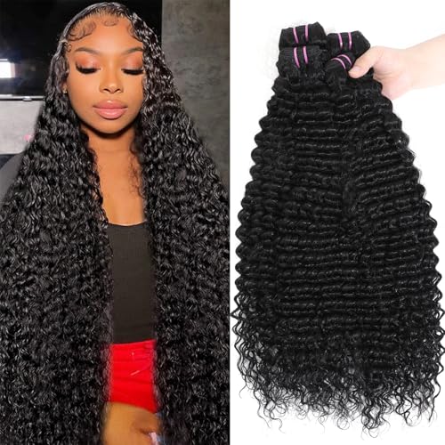 15A Raw Human Hair Bundles Deep Wave Bundles Human Hair,Triple Lifespan Indian Virgin Hair,No Tangle Shedding,Multiple Washes Keep Texture Silky Soft 4 Bundle Natural Black, 14 16 18 20