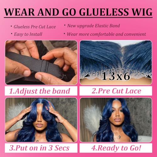 28 Inch Blue Wig Human Hair 13X6 Body Wave Lace Front Wigs Human Hair Blue Glueless Wear and Go Hd Full Lace Frontal Wig for Women 180% Density