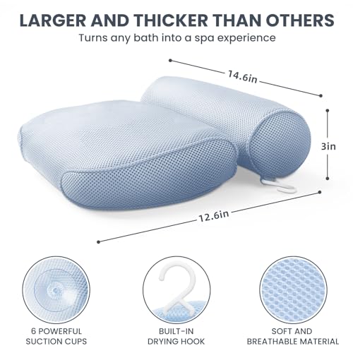 LuxStep Bath Pillow Bathtub Pillow with 6 Non-Slip Suction Cups,14.6x12.6 Inch, Extra Thick and Soft Air Mesh Pillow for Bath - Fits All Bathtub, Blue