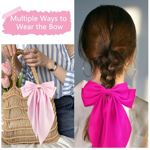 Hair Bows Silky Satin Bows for Hair Ribbons 4Pcs Coquette Oversized Long Tail Hair Bow Clips Barrettes Big Bowknot Hair Accessories for Women Girl Trendy Stuff Gifts (Pink Purple)