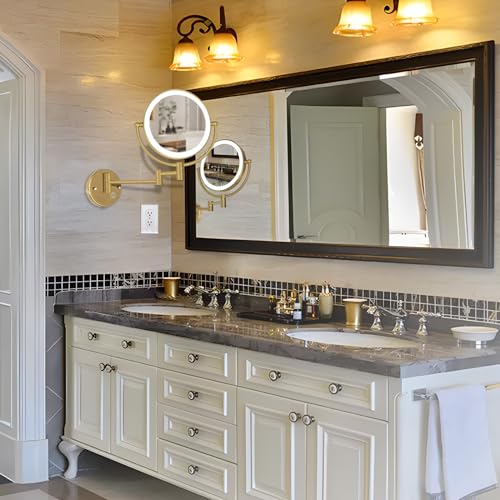 Hardwired Lighted Magnifying Makeup Mirror Wall Mount Gold, 1/5X Double Sided Vanity Mirror Bathroom, Touch Dimming, 360 Rotation Extension Arm Shaving Light up Mirror, Brushed Moderne Brass