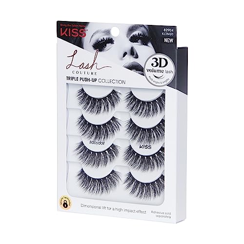 KISS Triple Push-Up, False Eyelashes, 'Babydoll', 12mm-14mm, Includes 4 pairs of false eyelashes, Easy to Apply, Reusable Lash Clusters