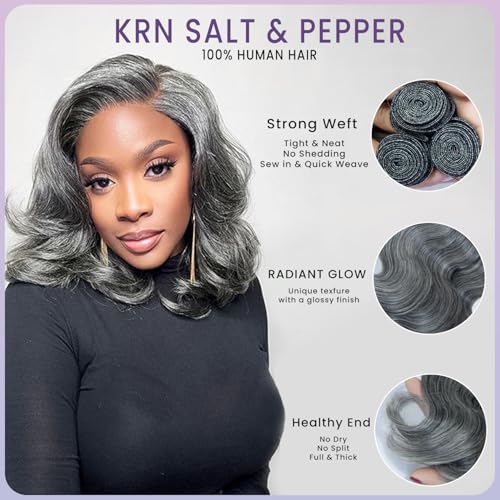 KRN Salt and Pepper Human Hair Bundles 12 14 16 Inch 100% Unprocessed Gray Virgin Human Hair Bundles Body Wave for Black Women Grey Hair Weave Extensions