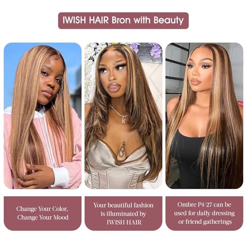 IWISH Ombre Lace Front Wig Human Hair 26 Inches 200% Density 13x6 Straight Highlight Lace Frontal Human Hair Wigs P4/27 Colored Wigs for Women