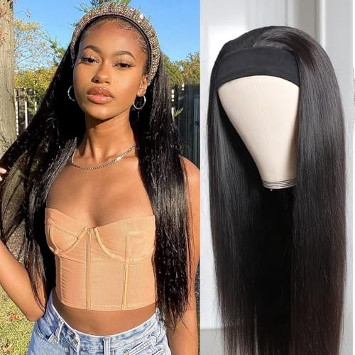 Headband Wig Human Hair Straight Headband Wigs for Black Women Glueless None Lace Wig 150% Density Straight Headband Wig Natural Colour 28 Inch