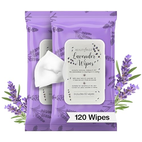 BeautyFrizz Lavender Face Wipes - 120 pcs - Gentle Makeup Remover Wipes for Women - Facial Cleansing Wipe with Aloe, Castor, Vitamin A and E - Extra Soft - Moisturizing