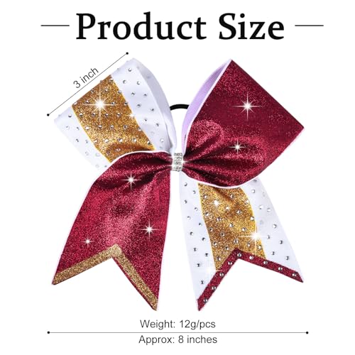 8 PCS Large Glitter Cheer Bows 8" Rhinestones Hair Bows Sparkly Cheerleading Softball Team Bow Hair Ponytail Holder Accessories for cheerleaders football Competition Sports- Maroon Gold