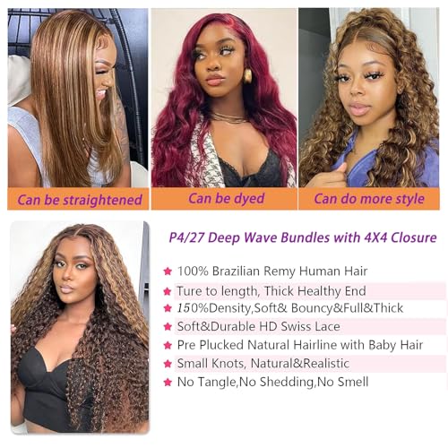 Deep Wave Honey Blonde Highlight Human Hair 3 Bundles with 4x4 lace closure (22 24 26 +20 inch) Free Part Brown Blonde Ombre Bundles With Closure Human Hair Weave Extensions
