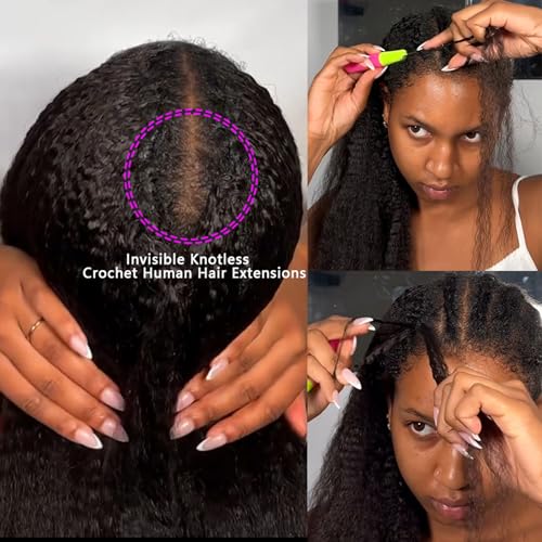 Kinky Straight Feather Crochet Human Hair Extension Yaki Wave Pre Separated Knotless Crochet Hair Micro Bundles With Loop For Reusable Boho Braids 18Inch 120g 100Strands