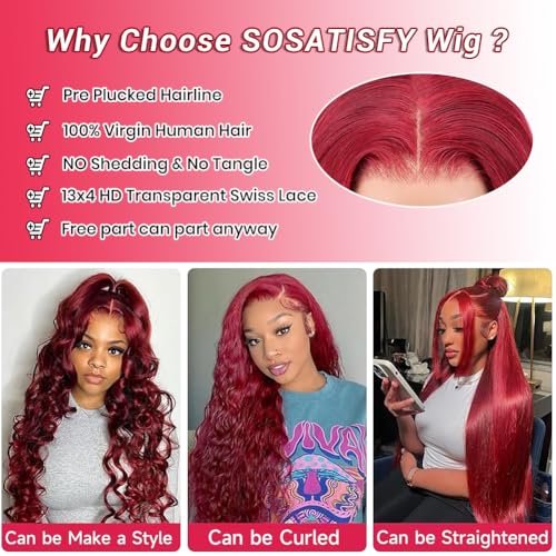 SOSATISFY 99J Burgundy Lace Front Wigs Human Hair 200 Density 13x4 Full Lace Body Wave Wig HD Transparent Lace Red and Wine Wigs for Women Pre Plucked with Baby Hair 22 Inch
