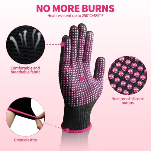 Heat Gloves for Hair Styling, 2PCS Heat Resistant Gloves and Silicone Mat Pouch for Curling Irons, Hair Straighteners, and Flat Irons