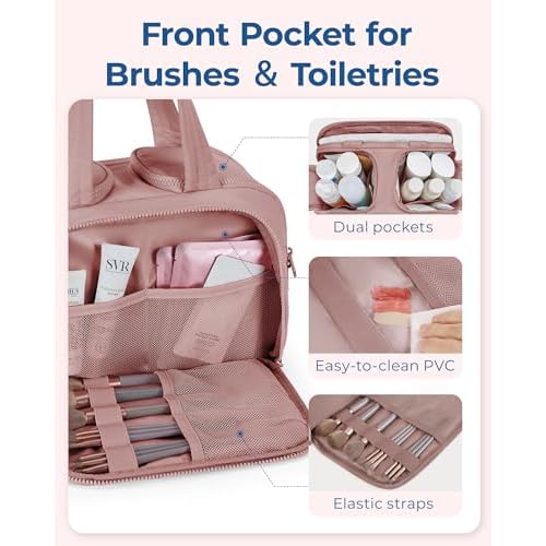 BAGSMART Travel Toiletry Bag, Lightweight Large Wide-open Travel Bag for Women, Puffy Cosmetic Makeup Bag Organizer with Handle for Accessories,Essentials, Toiletries, Dark Pink