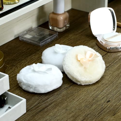 4Pcs Large Fluffy Powder Puff, White Powder Puff, Powder Puffs for Face powder, Ultra Soft Body Powder Puff, Soft Face Body Powder Puff, Washable Reusable Makeup Puffs(White/Beige)