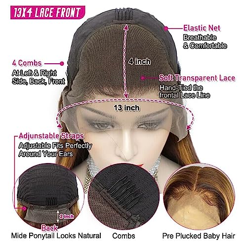 VIPbeauty 30 inch 4/27 Honey Blonde Lace Front Wig Human Hair 13x4 HD Transparent Lace Front Wigs Highlight Ombre Lace Front Wig Straight Lace Front Wigs 180% Density Pre Plucked with Baby Hair