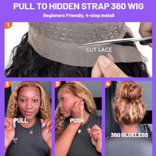 Ombre Honey Blonde 360 Lace Front Wigs Human Hair Invisi Strap Highlight Deep Wave Lace Front Wigs Human Hair 180 Density 360 HD Frontal Glueless Wigs Pre Plucked for Women 28 Inch