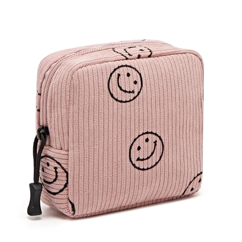 Small Makeup Bag for Purse,Mini Cosmetics Bag cute Zipper corduroy Cosmetic Pouch Storage Pouch Travel Toiletry Organizer for Women Girls(Smiley Face,Pink)