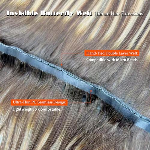 Butterfly Weft Hair Extensions Human Hair-Invisible Double Layered with Hole Hand Tied Genius Weft PU Seamless Micro Beads Real Remy Hair Ombre Blonde Balayage 100g #4/27/4 16 Inch