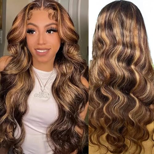 Ombre Lace Front Wigs Human Hair 13x4 Highlight 4/27 Body Wave Wig Pre Plucked Honey Brown Blonde Wig Human Hair with Free Part 180% Density Glueless Colored Wig for Women 32 Inch