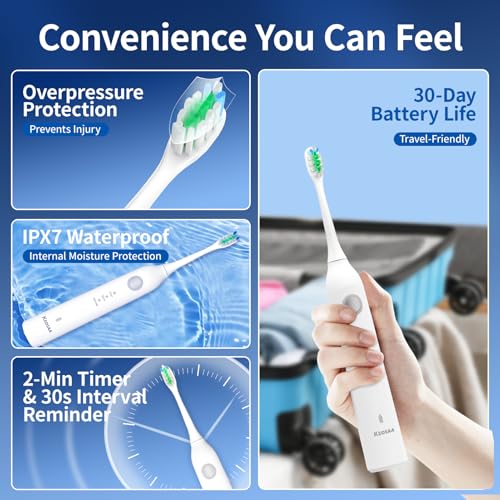 Sonic Vibrating Toothbrush with Pressure Sensor, Rechargeable Tooth Brush with 8 Brush Heads, 3 Modes, 33000VPM, 2-Min Timer, One Charge Lasts for 30 Days, 3D Rounded Soft Bristles, IPX7 Waterproof