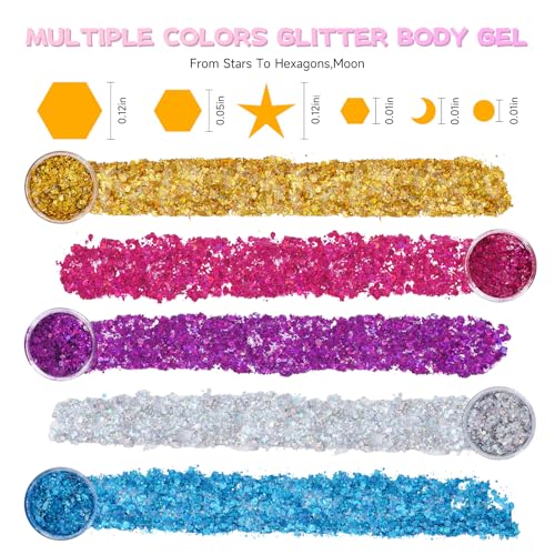 Gold Body Glitter Gel,Face Hair Glitter Makeup,Music Festival Concert Outfit Rave Pride Accessories for Women,Mermaid Sequins Chunky Glitter Face Paint,Hair Glitter Gel for Halloween