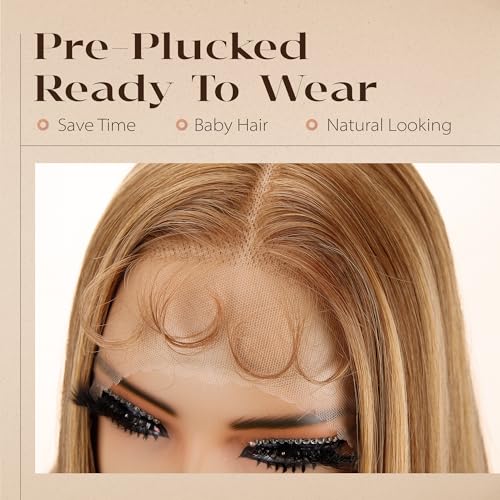 BLL Lace Front Wig Honey Blonde Synthetic Pre-Plucked Highlight Glueless Wigs 30 Inch Straight Hair Wig Ready To Wear (Honey Blonde 4/27, 30 Inch)