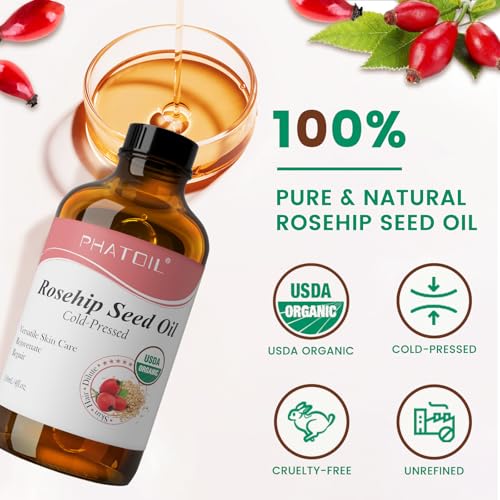 PHATOIL Organic Rosehip Seed Oil for Face 4oz/118ml, USDA Certified Organic Pure and Natural Cold Pressed Base Carrier Oil, Massage Gua Sha for Face and Body, Moisturizing for Hair and All Skin Type