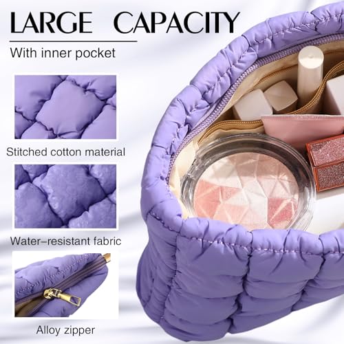 Hillban Purple Puffy Quilted Makeup Bag Quilted Cosmetic Bag Cute Puffer Toiletry Checkered Pouch Aesthetic Travel Makeup Brushes Organizer(Classic)