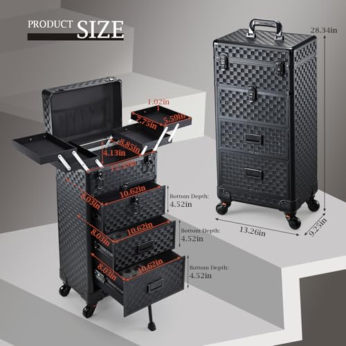 Stagiant Rolling Makeup Case with Drawers Cosmetology Case on Wheels 4 IN 1 Makeup Case 3 Drawers with Foot Stand Spring-release Mechanism Rolling Make Up Organizer for Artist Salon Nail Teach Trunk