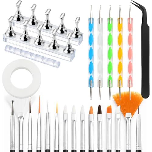 Nail Art Tools Set ? 15pcs Nail Brushes, 5pcs Dual-Ended Dotting Pens, Nail Stand & Holder Kit with Brush Rack, Tweezers & Double-Sided Tape for DIY Nail Design & Press On Nails