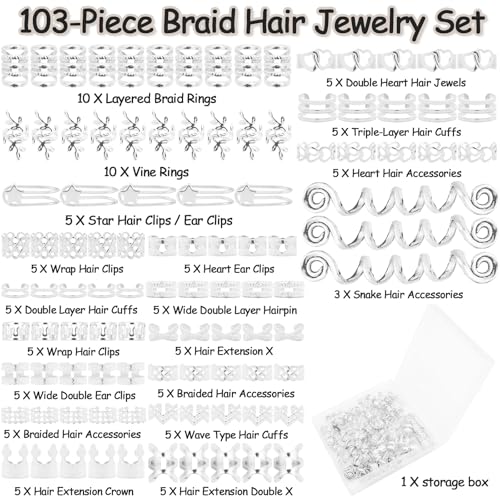 Vaikby 103PCS Silver Hair Jewelry for Braids Accessories, Hair Cuffs & Rings, Loc Jewelry for Black Women, Metal Silver Hair Accessories, Braid Decorations, Hair Charms for Dreadlocks and Braiding