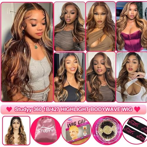 Highlight 360 Lace Front Wigs Human Hair Pre Cut Pre Bleached Pre Plucked Body Wave 360 Full Lace Wigs Human Hair 22Inch for Black Women 180% Density HD Lace Front Wigs Human Hair