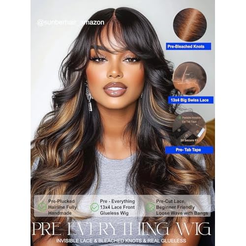 Sunber Ombre Brown Loose Body Wave With Bangs Pre Everything Glueless 13x4 HD Lace Front Human Hair Wig 180% Density Highlight Balayage Pre cut Lace Pre Plucked Bye Bye Knots Drawstring Wig 20Inch