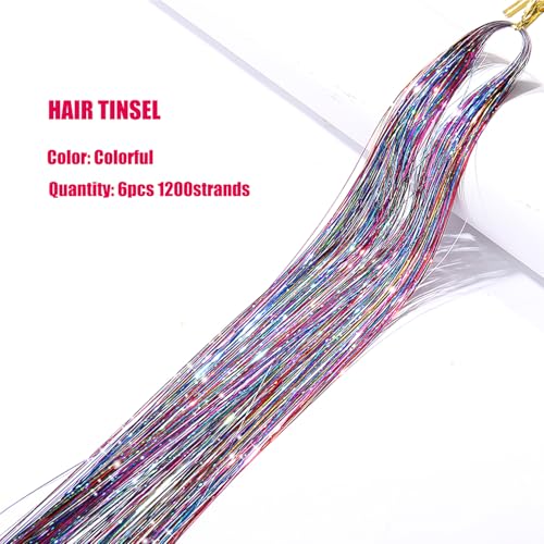 Colorful Hair Tinsel Kit with Tool 6pcs 1200 Strands Glitter Tinsel Hair Extensions Heat Resistant Sparkling Shiny Fairy Hair Accessories for Women Girls Kids 47Inch