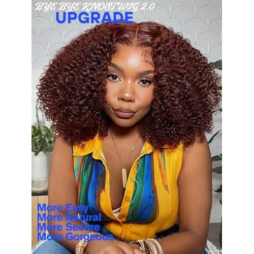 Nadula Bye Bye Knots Glueless Reddish Brown Kinky Curly Wig Human Hair Pre Plucked 200% Density,Pre Cut 7x5 HD Lace Front Afro Kinky Wigs Bleached Knots Pre Everything Ready to Go Copper Red 16inch