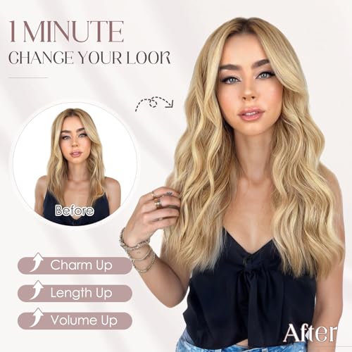 Elailite Halo Hair Extensions Real Human Hair for Women Golden Brown & Bleach Blonde Wavy Hair Halo Clip in Remy Hairpiece with Adjustable Invisible Wire 20 Inch 70G