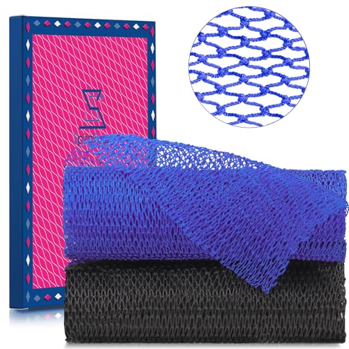 2 Pieces African Net Sponge ? Real Authentic Exfoliating Bath Sponges for Silky Smooth Skin, Deep Cleansing Mesh for Full Body, Quick-Drying & Travel-Friendly£¨Blue Black£©