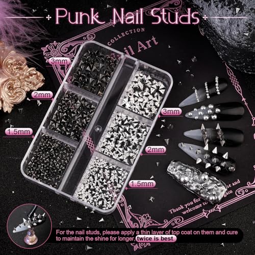 3D Mini Punk Nail Studs Cone Spike Alloy Rivets (Black+Silver), Flatback Nail Pearls and Round Steel Balls Beads(Silver), Goth Nail Charms and Gems for Nail Accessories